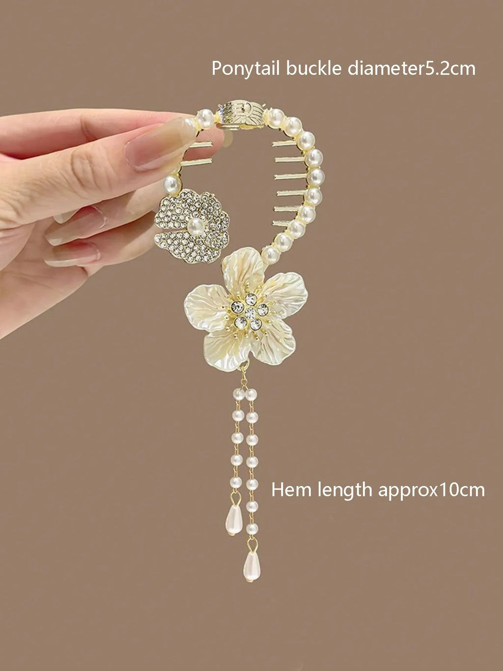 Floral Tassel Bun Clip – Rhinestone & Pearl Hair Holder for Women & Girls, Casual Party & Daily Wear, All Seasons