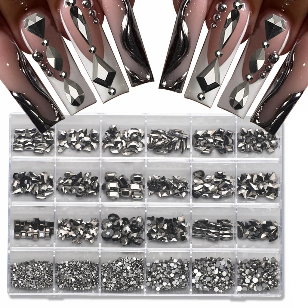 1 Box of Multi -Shaped 3D Nail Diamond Kits -24 AB Crystal Gem Grids, Flat -Bottom Nail Art Accessories Multi -Style Nail Suppli