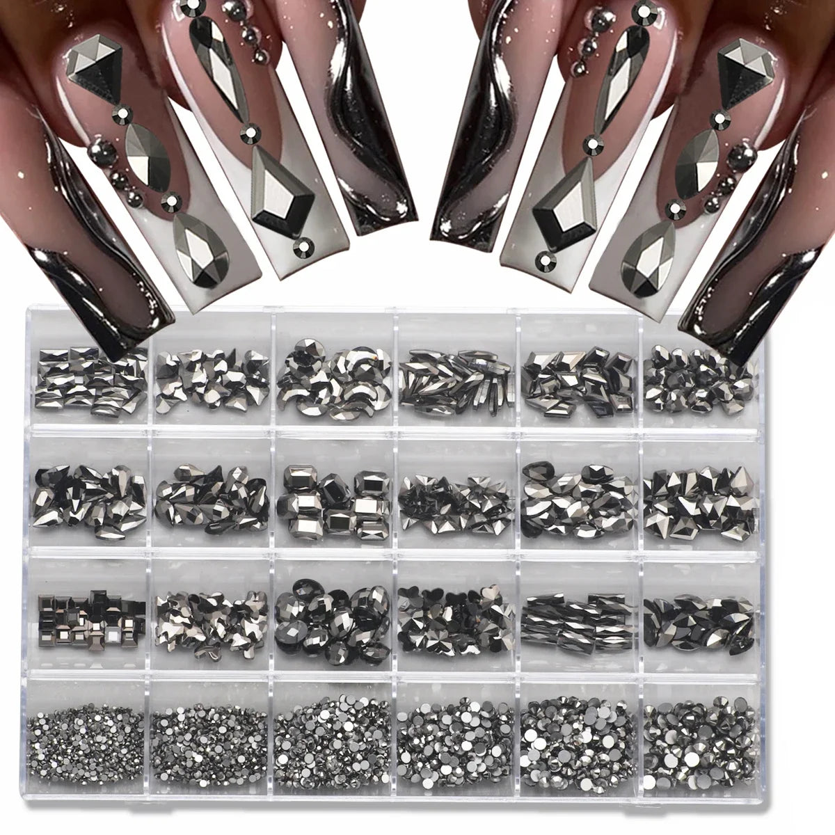 1 Box of Multi -Shaped 3D Nail Diamond Kits -24 AB Crystal Gem Grids, Flat -Bottom Nail Art Accessories Multi -Style Nail Suppli