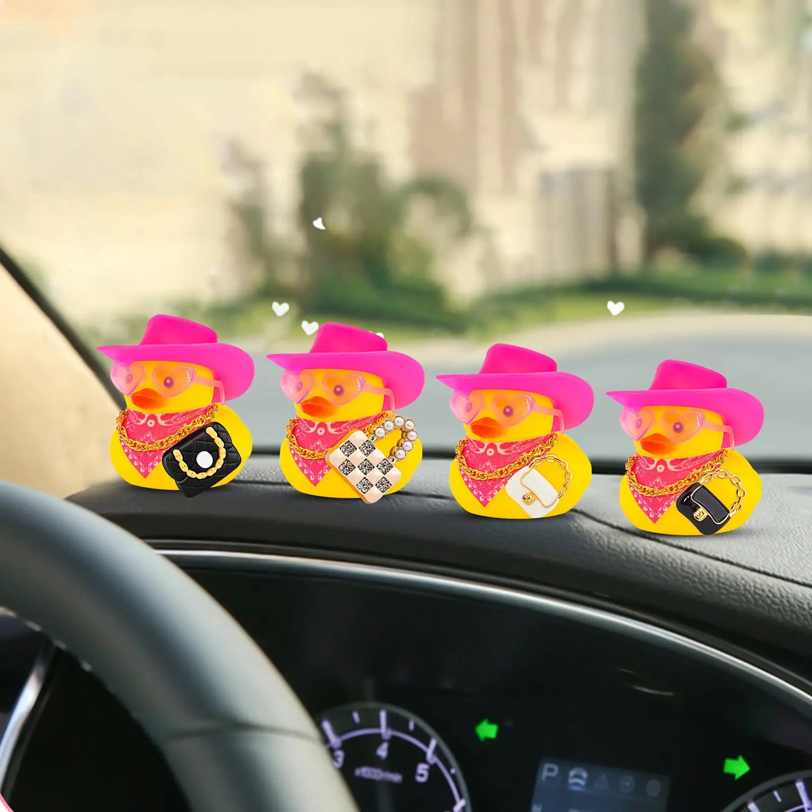 Rubber Duck Car Decor with Straw Hat, Gold Sunglasses, Necklace,Squeaky Dashboard Accessories, Decor Duck for Car
