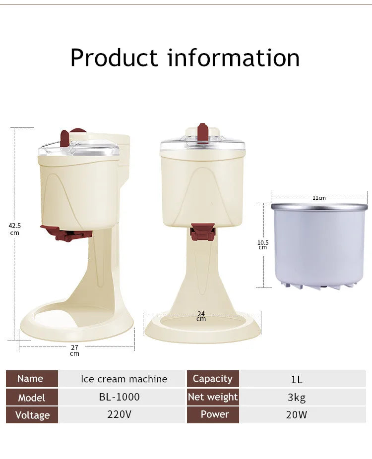 Mini Soft Ice Cream Machine – 1L Home Ice Cream Maker, Simple One-Button Operation, Makes ~8 Cones, CE Certified