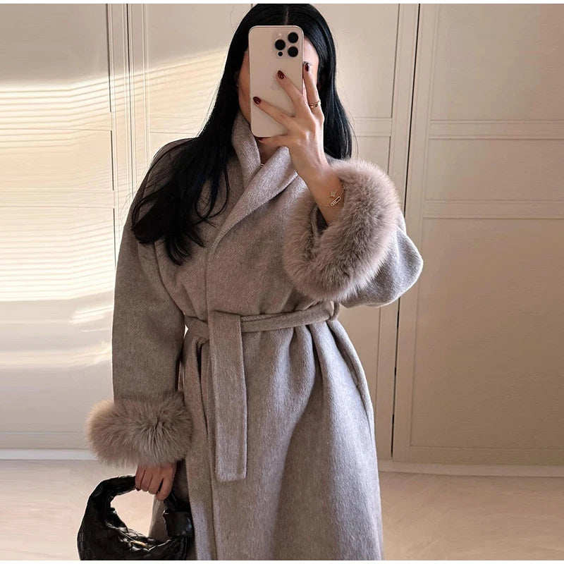 Elegant Solid Long Overcoat Women Turn-down Collar Lace Up Full Sleeve Classic Warm Coat 2025 New Lady Autumn Winter Casual Wear