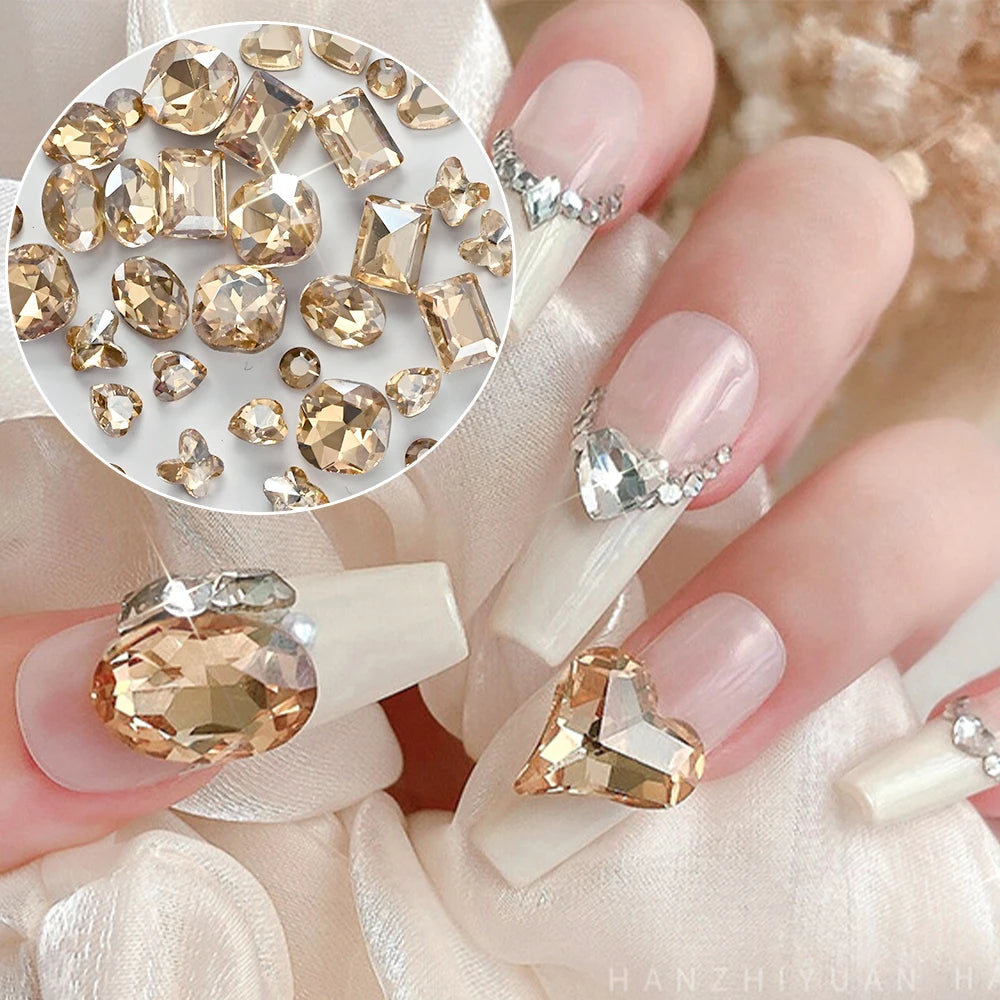 12 Grids 3D Champagne Nail Art Rhinestones Mixed Round,Fat Square,Heart,Butterfly Glass Diamond Nail Charms DIY Manicure Decor *
