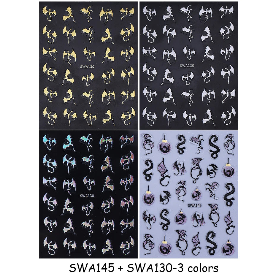 3/4pcs Metallic Dragon Nail Stickers Evil Bat Flying Dragon Designs Self-Adhesive Nail Decals Y2K Halloween Manicure Decoration