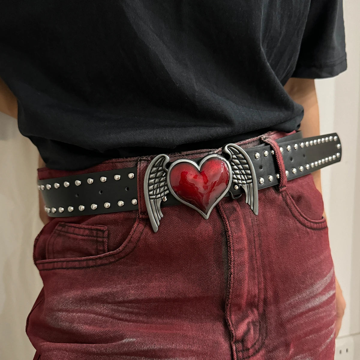 Studded Faux Leather Belt with Red Heart Buckle