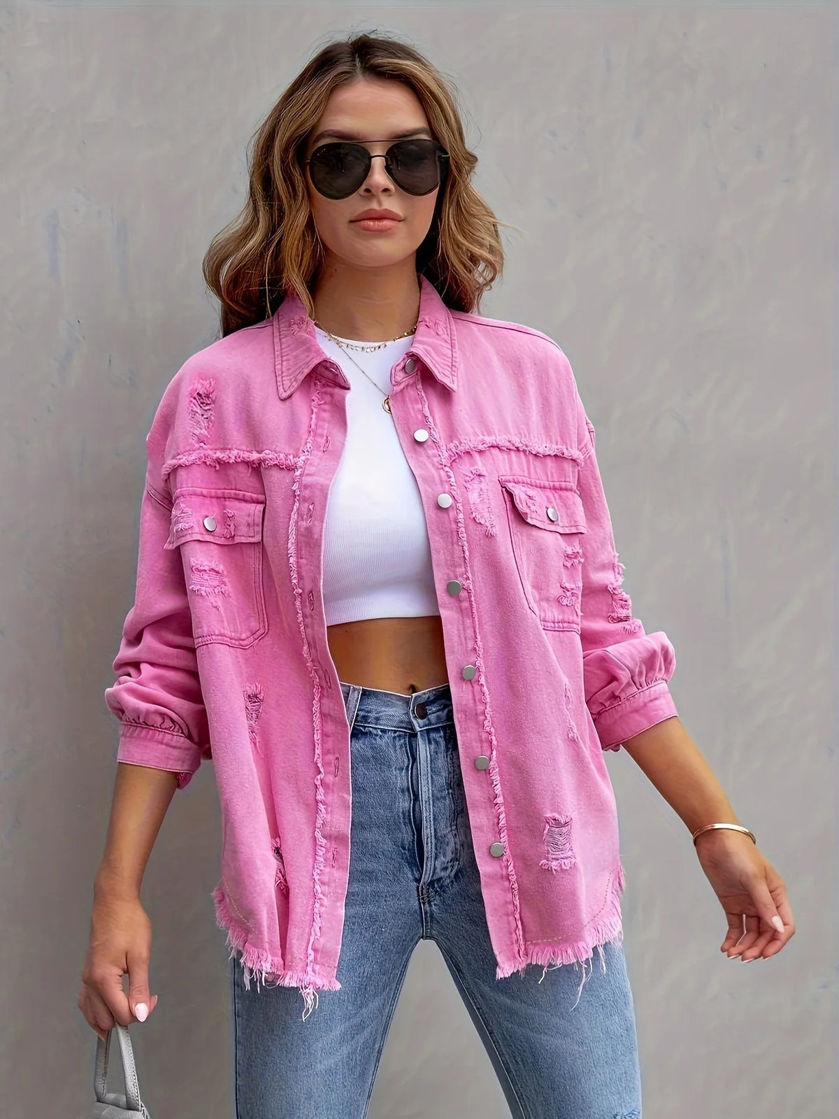 Women’s Distressed Button-Front Denim Jacket
