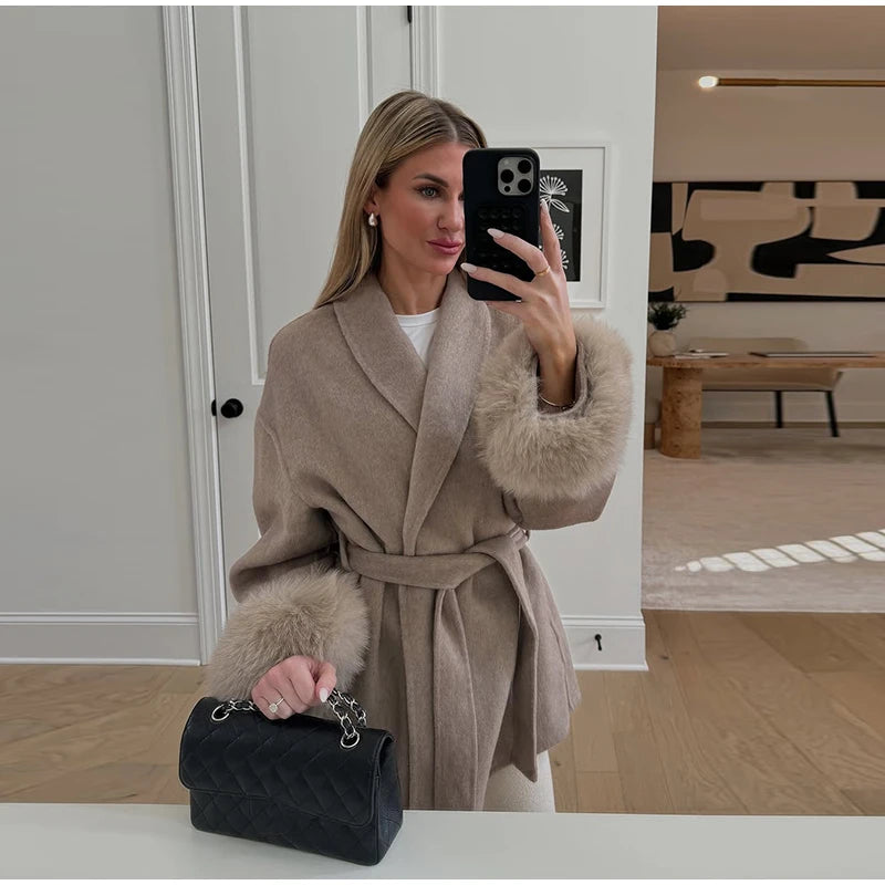 Elegant Solid Long Overcoat Women Turn-down Collar Lace Up Full Sleeve Classic Warm Coat 2025 New Lady Autumn Winter Casual Wear