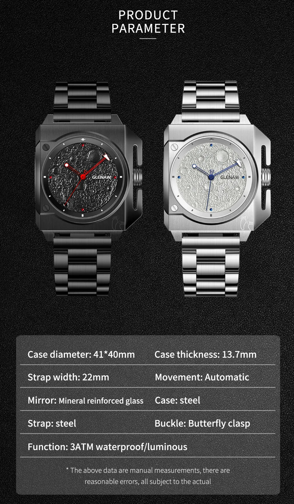 GLENAW GL8655 Men’s Automatic Watch with Moon-Texture Dial