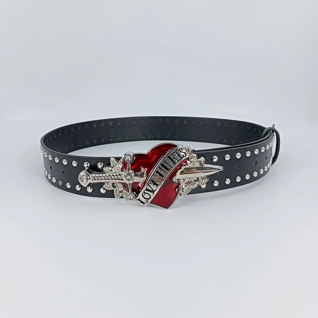 Studded Faux Leather Belt with Red Heart Buckle