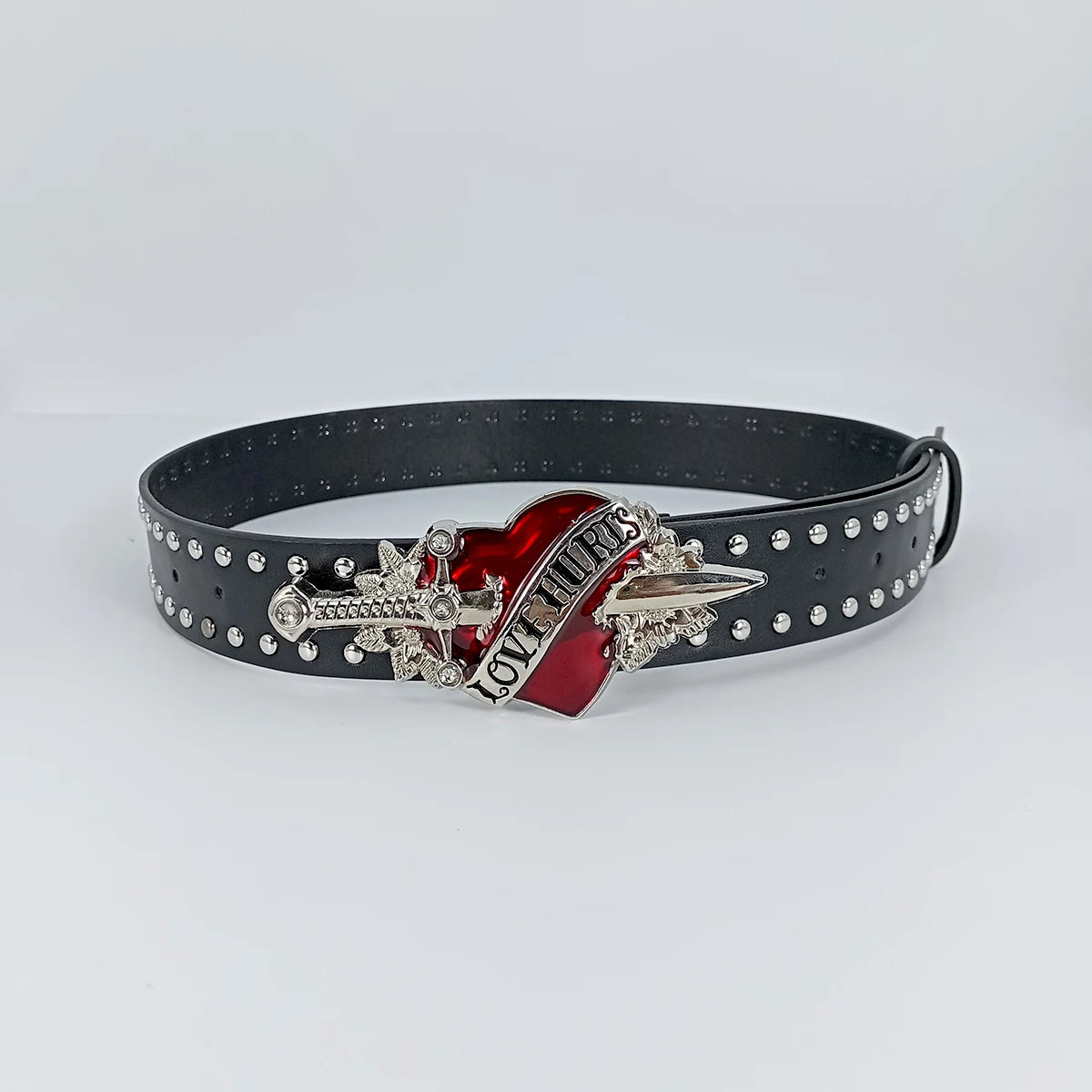 Studded Faux Leather Belt with Red Heart Buckle