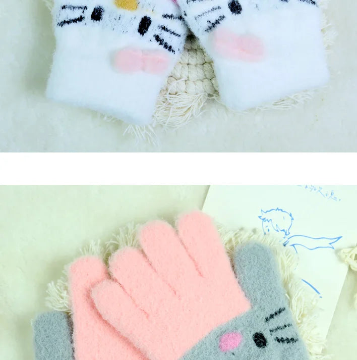 Kids’ Color-Block Cat Knit Gloves