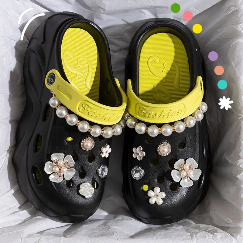 Luxus DIY Perlenkette Rutschfeste Clogs Damen Sommer 2026 Komfort Plateau Slip On Sandalen EVA Dicke Sohle Outdoor Hausschuhe