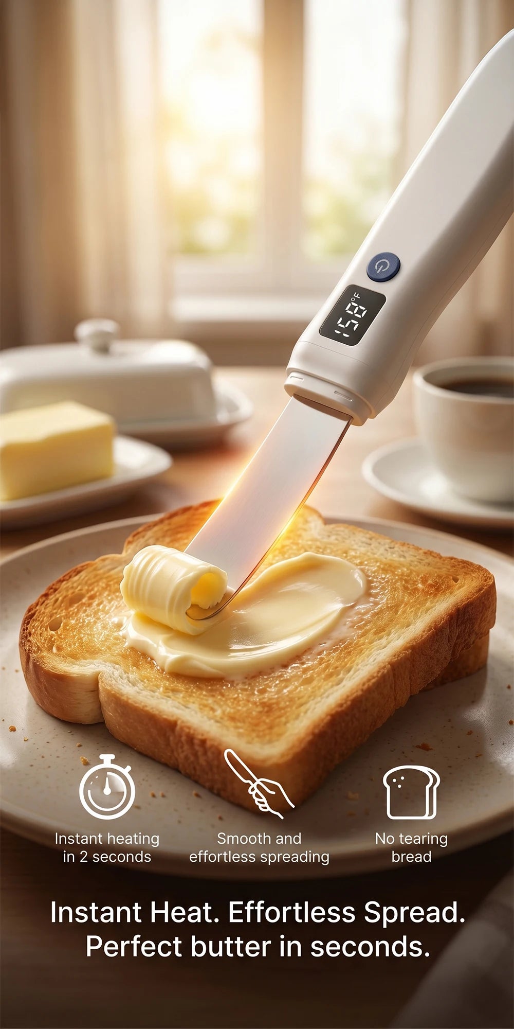 USB Rechargeable Heated Butter Knife – Electric Spreader for Cold Butter, Cheese & Chocolate, LED Display, CE Certified