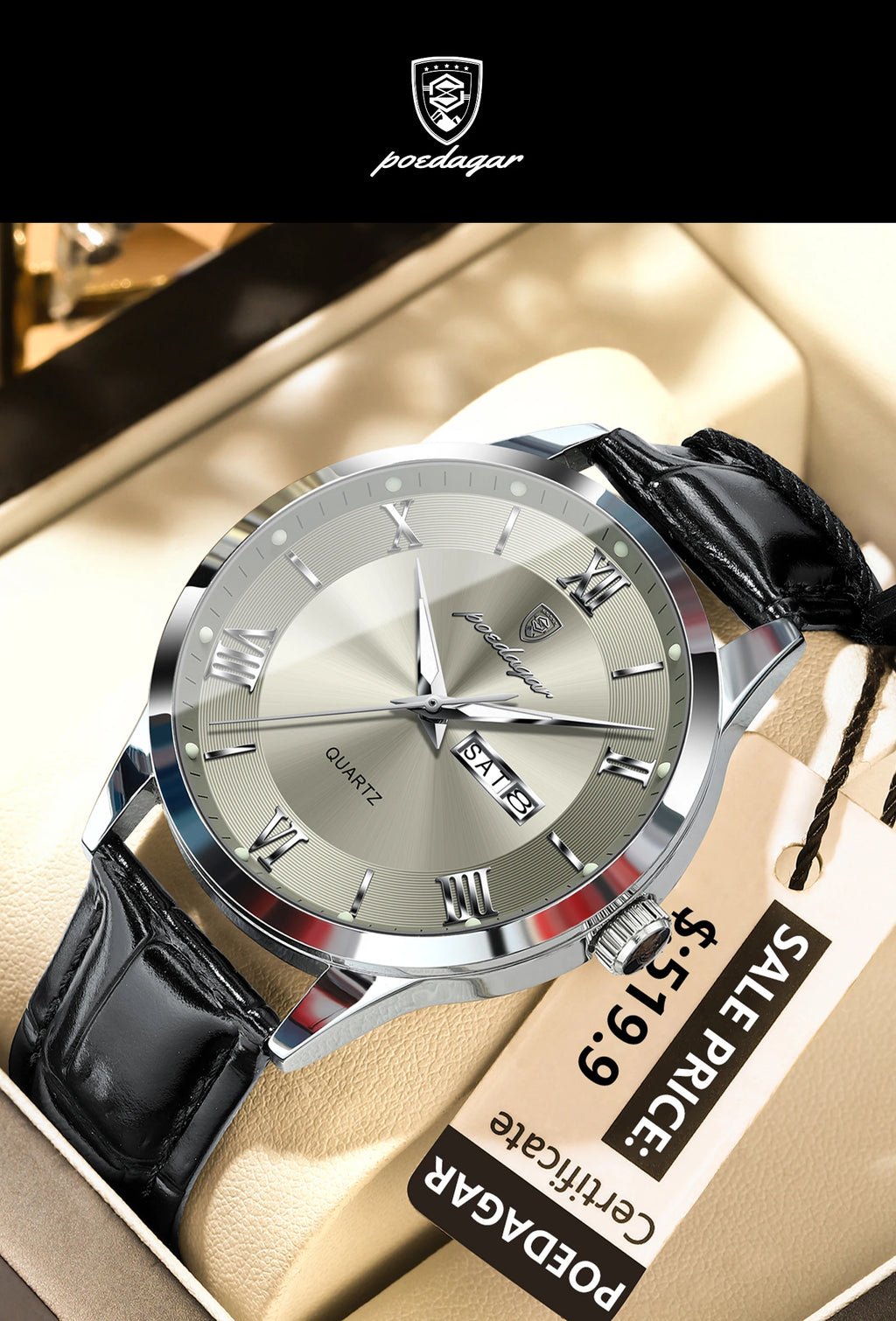 POEDAGAR 978-D Men’s Day-Date Dress Watch