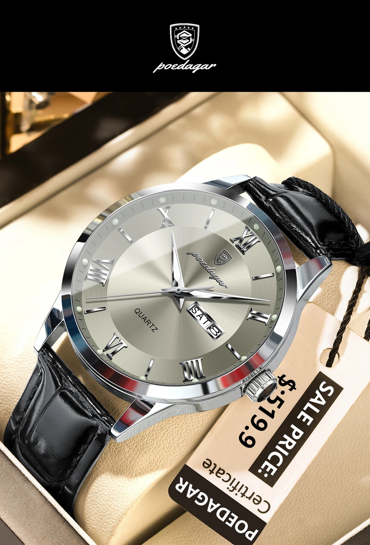 POEDAGAR 978-D Men’s Day-Date Dress Watch