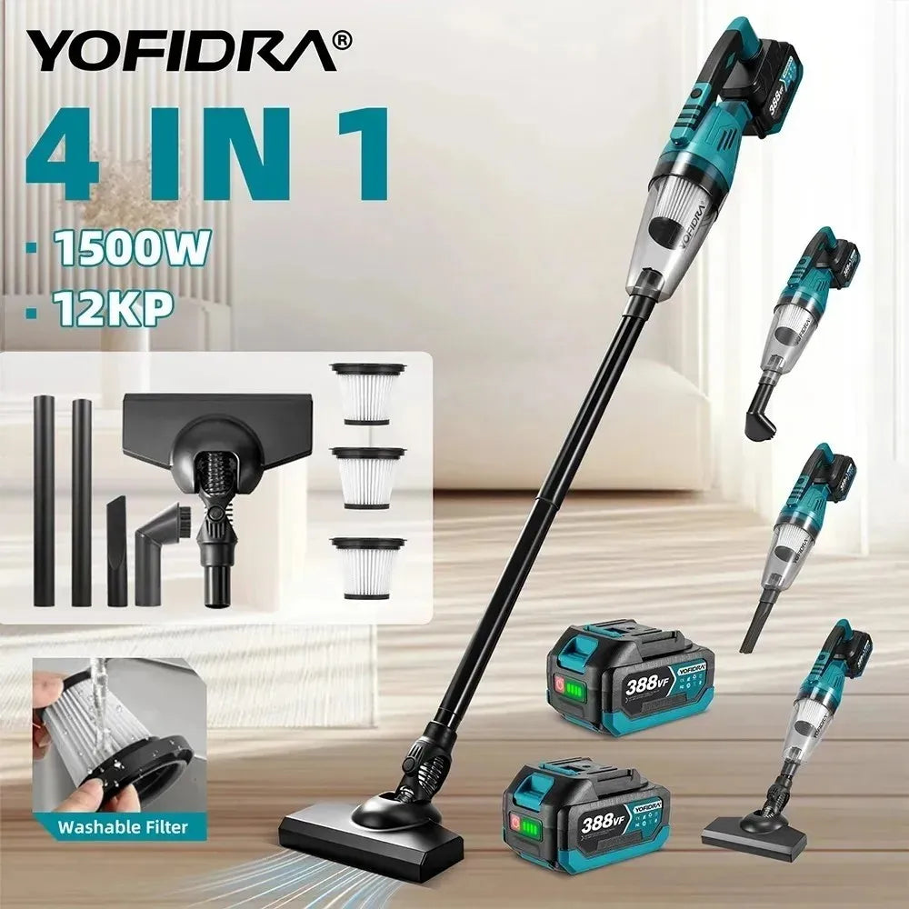 YOFIDRA 1500W 12KPA Electric Cordless Vacuum Cleaner Portable 2IN1 Household Car Cleaning Power Tool For Makita 18V Battery Pin