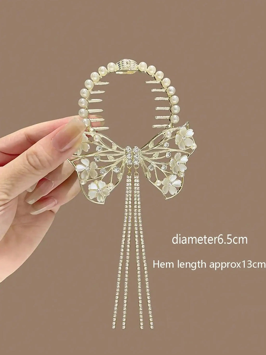 Floral Tassel Bun Clip – Rhinestone & Pearl Hair Holder for Women & Girls, Casual Party & Daily Wear, All Seasons