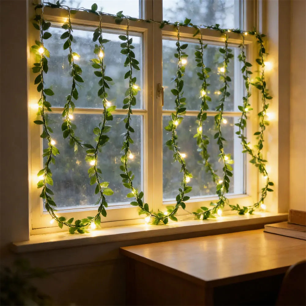 2M 5M LED Rose Flower String Lights Simulation Vine Leaf Fairy Light Christmas Decoration Garland Lamp for Room Wedding Garden