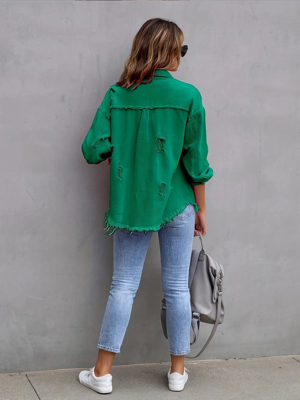 Women’s Distressed Button-Front Denim Jacket