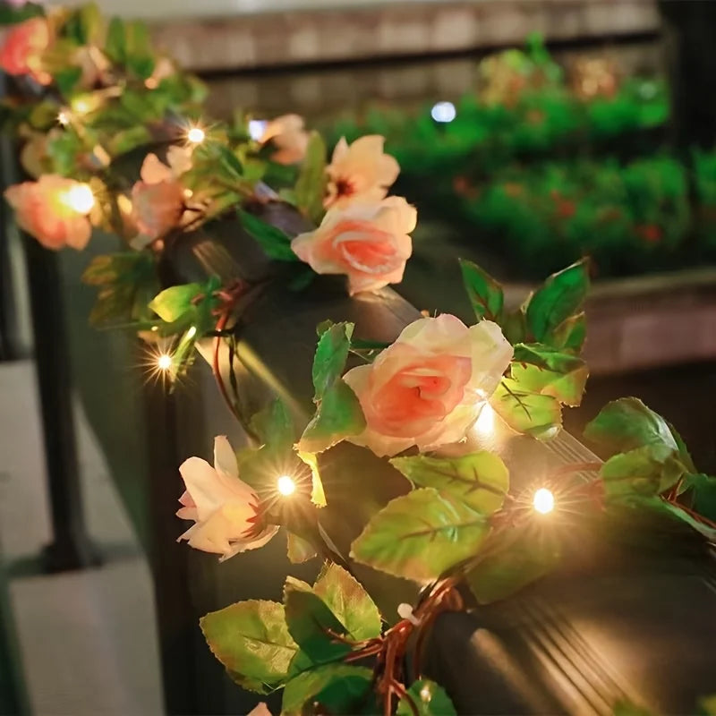 5M 50LED Rose Vine String Lights Solar Powered Artificial Flower Fairy Light for Garden Patio Bedroom Wedding Christmas Decor