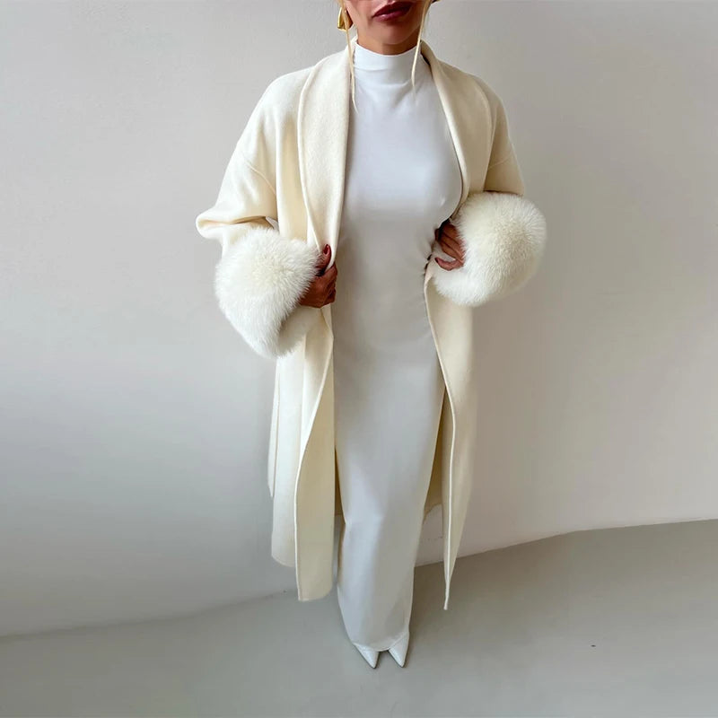 Elegant Solid Long Overcoat Women Turn-down Collar Lace Up Full Sleeve Classic Warm Coat 2025 New Lady Autumn Winter Casual Wear