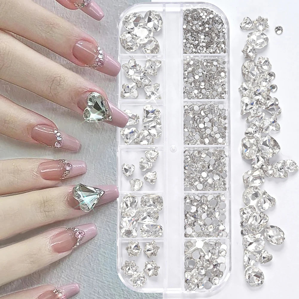 12 Grids 3D Champagne Nail Art Rhinestones Mixed Round,Fat Square,Heart,Butterfly Glass Diamond Nail Charms DIY Manicure Decor *