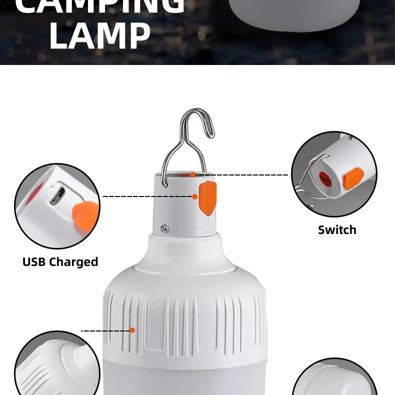 USB Rechargeable LED Bulb with Hook Portable Emergency Light for Outdoor Camping Fishing Hiking Security