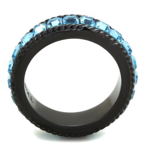 Stainless Steel Ring – IP Black Ion Plating with Sea Blue Crystal – TK1867