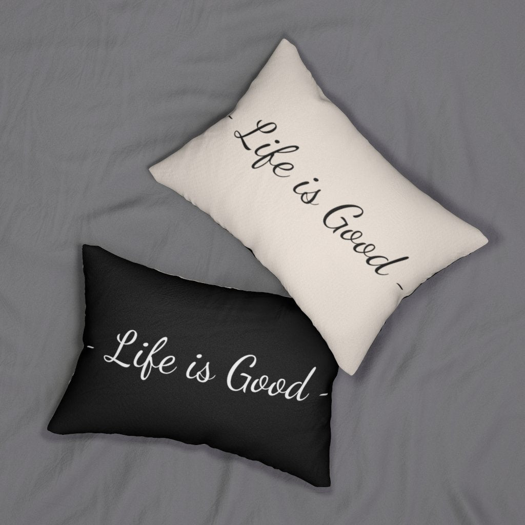"Life is Good" Decorative Lumbar Throw Pillow – Beige & Black, Double-Sided Print