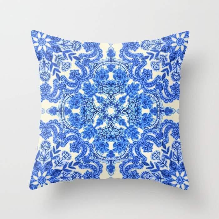 Cobalt Blue & White Folk Art Cushion Cover – 16" x 16", Hand-Sewn, Double-Sided