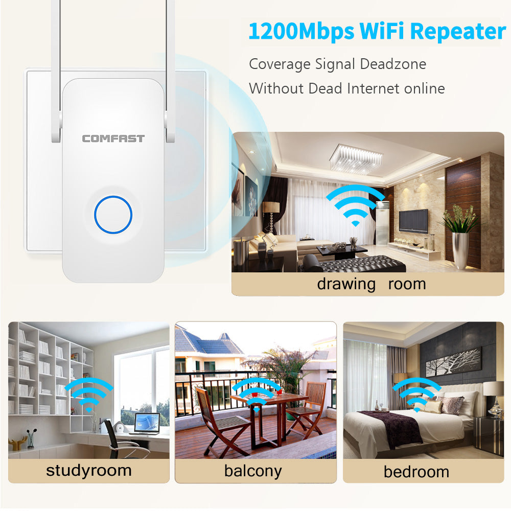 1200Mbps WiFi Extender & Repeater – Dual Band, 3 Modes, Smart LED Signal Guide