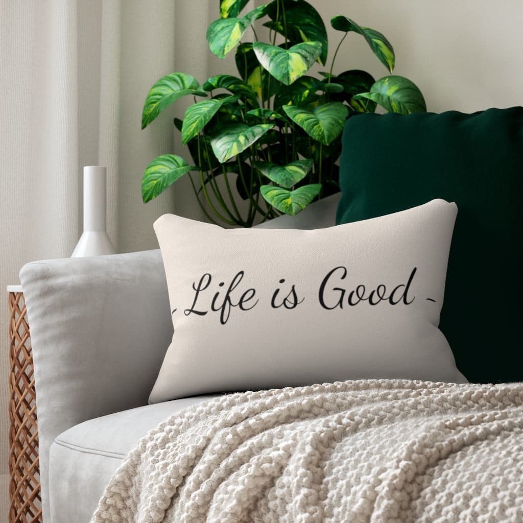 "Life is Good" Decorative Lumbar Throw Pillow – Beige & Black, Double-Sided Print