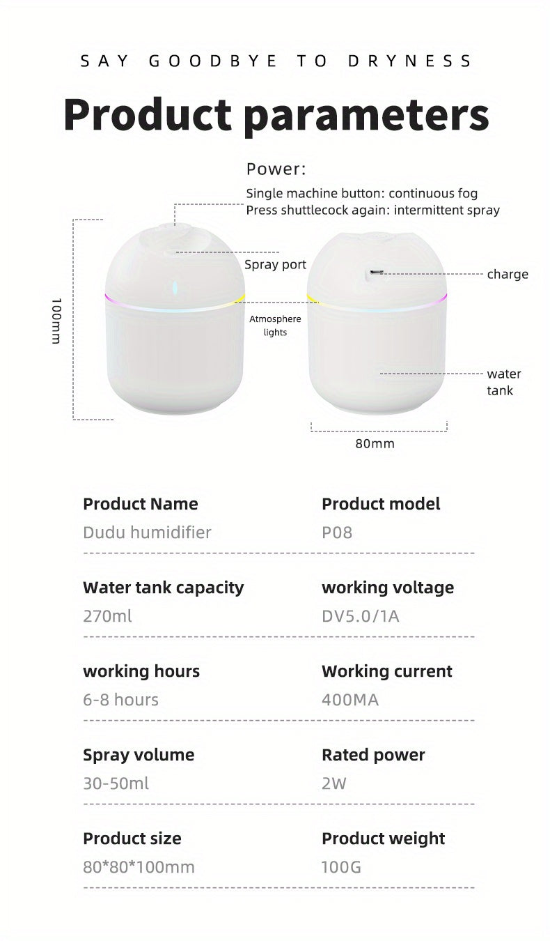 Mini USB Cool-Mist Humidifier with LED Light – 270 mL