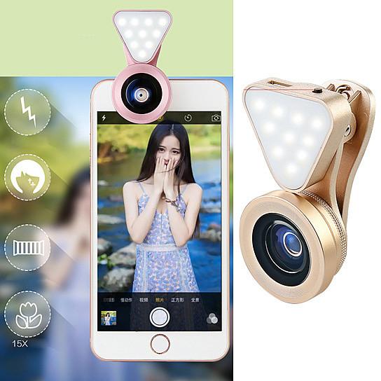 Glow Face 3-in-1 Clip-On Phone Lens & LED Fill Light – Wide Angle, Macro, Selfie Ring