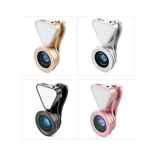 Glow Face 3-in-1 Clip-On Phone Lens & LED Fill Light – Wide Angle, Macro, Selfie Ring