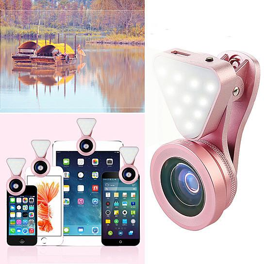 Glow Face 3-in-1 Clip-On Phone Lens & LED Fill Light – Wide Angle, Macro, Selfie Ring
