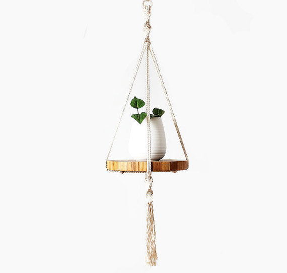 Macrame Plant Hanger with 12" Wood Tray – Handcrafted, 100% Ecru Cotton
