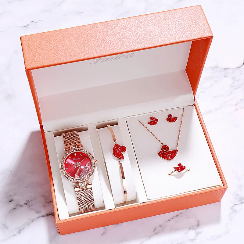 Modisches und elegantes fünfteiliges Geschenkset mit Armbanduhr für Damen