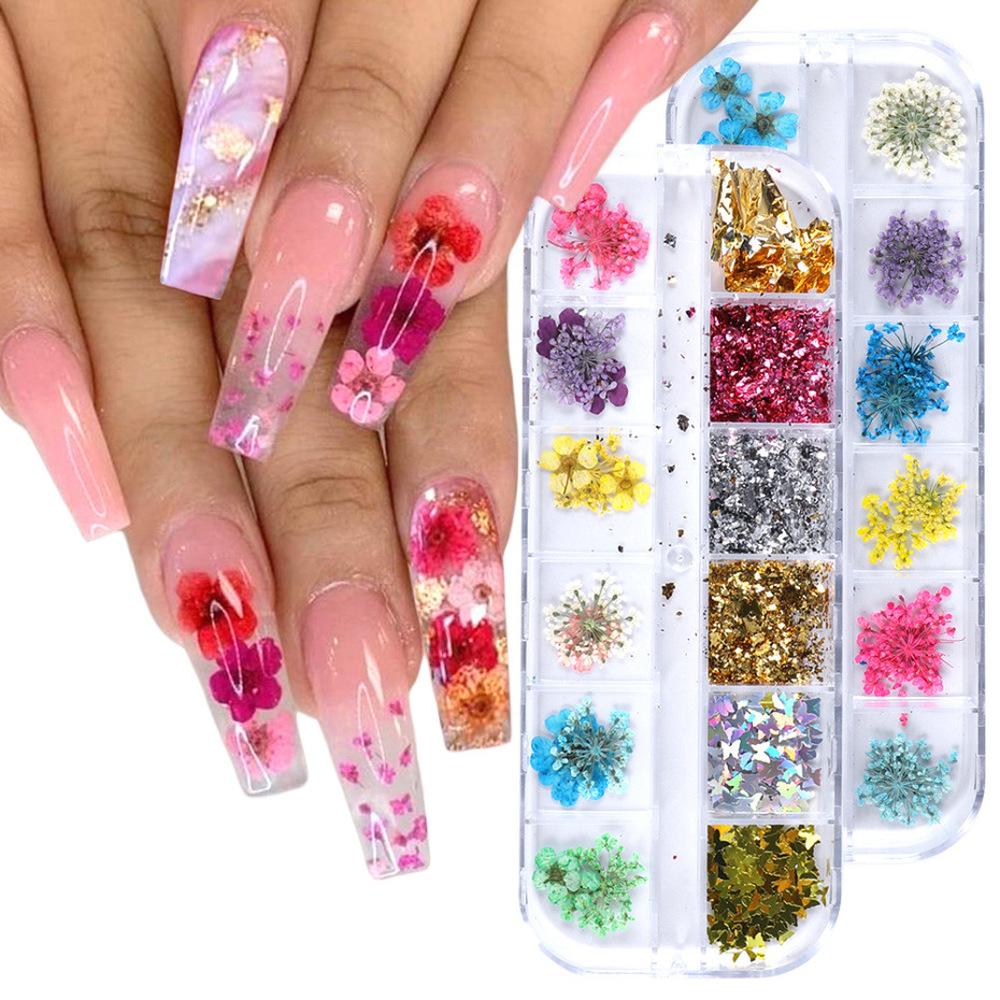 Dried Flower & Glitter Sequins Nail Art Kit – 12-Grid Case, 18g