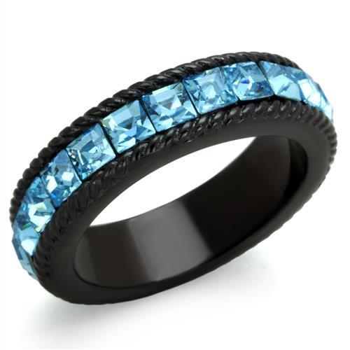 Stainless Steel Ring – IP Black Ion Plating with Sea Blue Crystal – TK1867